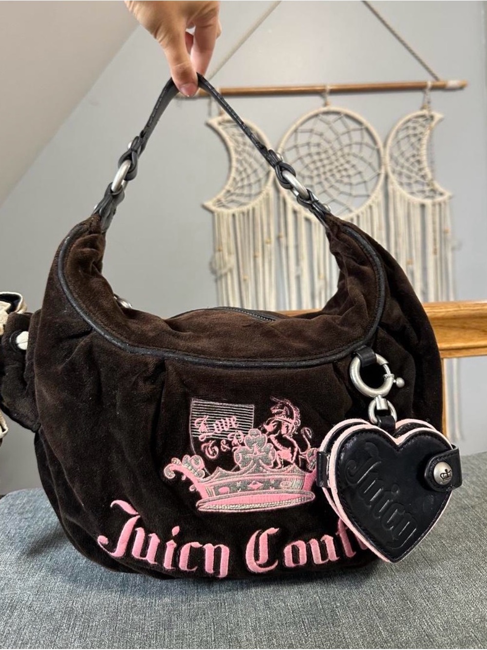 Juicy Couture Brown Suede Shoulder Bag with Pink Embroidery & Heart Charm